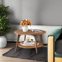 Table basse en bois massif brun miel à 2 niveaux AOTE, design nordique moderne, fabrication artisanale, motif ovale réglable, montage facile, salon