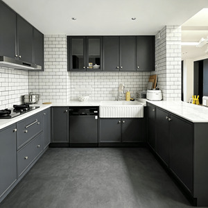 Custom Modular L-Shape Matte Blue Shaker Eco-Friendly <strong>Kitchen</strong> Cabinet Glass Wall Cabinet White Farmhouse <strong>Apron</strong> Sink <strong>Kitchen</strong> - Product Image 2