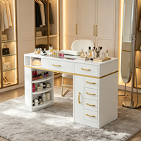 Table de maquillage et de manucure 2-en-1, blanche, légèrement luxueuse, avec plateau de rangement en verre rabattable