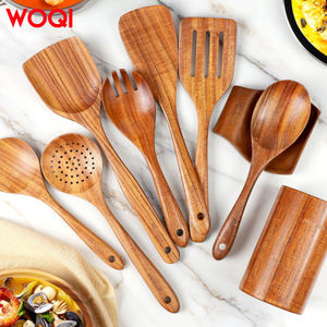 أواني طبخ خشبية من خشب الساج 8 عالية الجودة بتصميم حديث تحتوي على ملعقة طويلة ملعقة قهوة بجوز الهند - Product Image 4