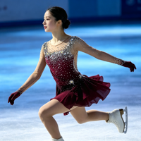 Robe de patinage artistique bordeaux à col rond, manches longues, dos ouvert à grand cercle, ornée de strass, pour compétition, pour filles et femmes