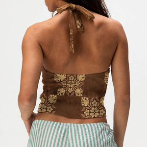 New Beach Hawaiian Print Washed Backless Halter Neck <b>Top</b> with Custom Ribbed Cotton <b>Cropped</b> <b>Top</b> - Product Image 2