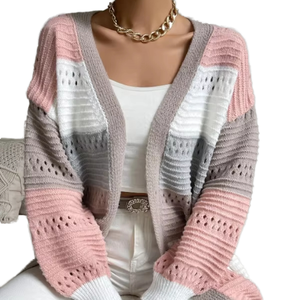 Vente en gros Pull en tricot décontracté à col en V pour femmes Pull à manches longues rayé respirant Logo avant Automne Polyester/Coton 300g - Product Image 1