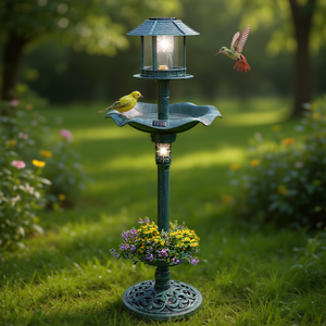 Comedero para Pájaros Vintage con Pedestal de Resina, Fuente Solar Iluminada, Jardinera Decorativa para Jardín, Patio Exterior - Product Image 2