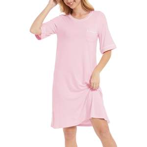 Camisón de algodón de bambú para mujer, manga corta, cuello redondo, camisa de dormir rosa, ropa de dormir, vestido rosa, ropa de mujer - Product Image 2