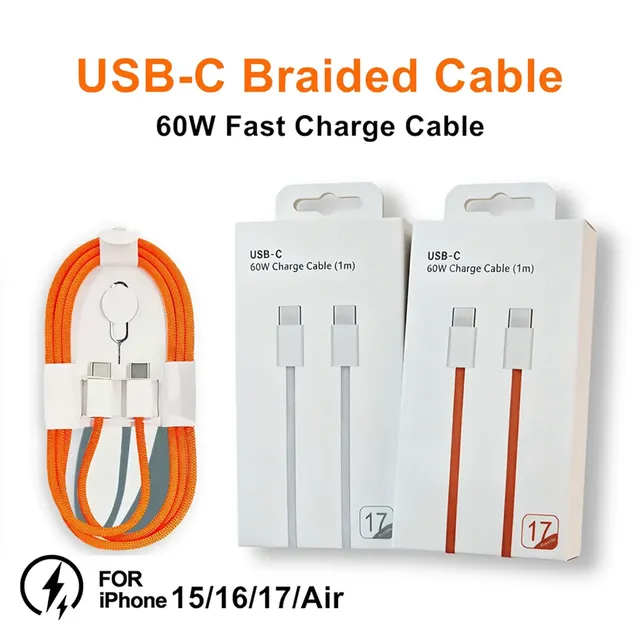 60W USB-C Braided Fast Charge Cable for iPhone 15/16/Pro Max/16e-Boxed