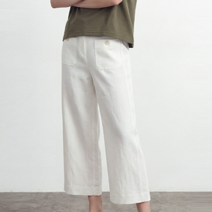 <span class=keywords><strong>Pantaloni</strong></span> Casual da Donna in Cotone Ramie, Gamba Larga alla Caviglia, Testurizzati, Eco-Friendly, Vita Media, Cropped, Tinta Unita, <span class=keywords><strong>con</strong></span> <span class=keywords><strong>Tasche</strong></span>, per Ufficio - Product Image 1