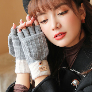 Guantes de medio dedo para mujer, forrados con lana cálida, para otoño e invierno, en colores gris, rosa, negro, naranja, rojo, café y caqui - Product Image 1
