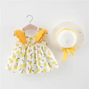 新设计打印橙色回翼孩子女婴棉质连衣裙设计