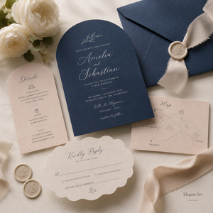 Suite d'invitations de mariage moderne bicolore personnalisée avec cartes découpées en forme d'arche et festonnées et motifs floraux simples en ligne - Product Image 6