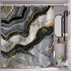 Siyah gri altın mermer duş perdesi Modern soyut serin sanat oldukça su geçirmez kumaş banyo banyo perdesi dekor
