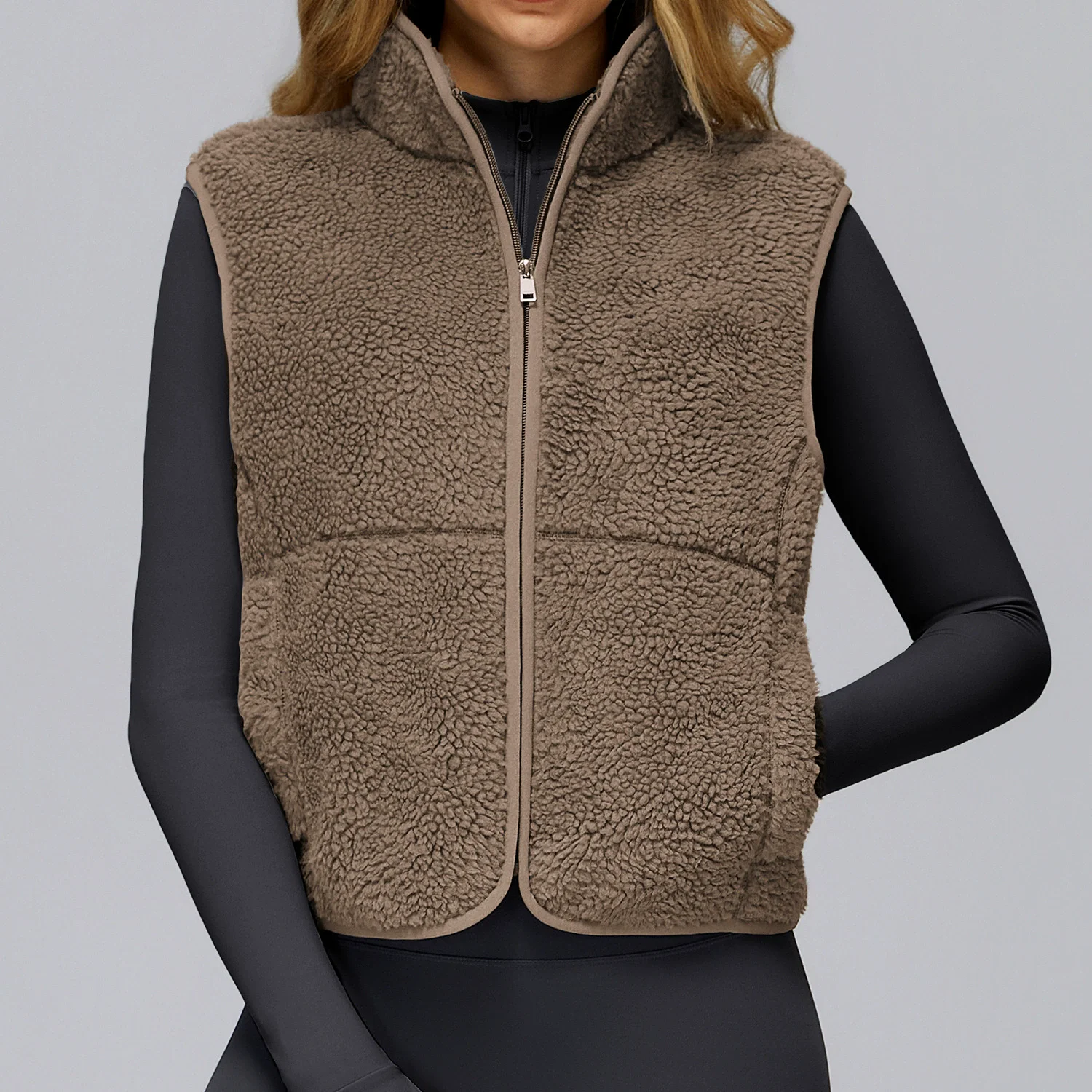 Zip-Up Sleeveless Activewear Vest (9500): side profile showing stretch, rise and leg-opening fit