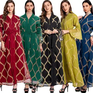 流行2022中东刺绣穆斯林长裙气质系带女性Abaya迪拜网眼花瓣袖阿拉伯服装