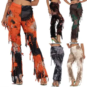 Manufacturer competitive cheap price women's pants & trousers Tie dye distressed knit flared pants