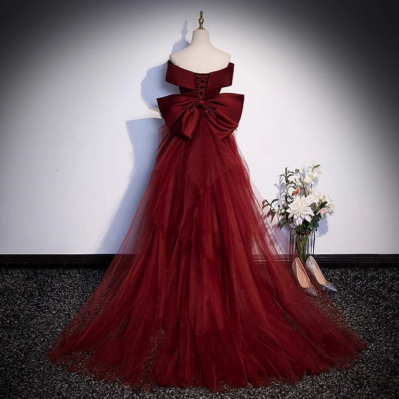 red formal dress with bow Mermaid V Neck Red Satin Long Prom Formal Dresses with Bow TP1083 US6 / As Picture main image 1