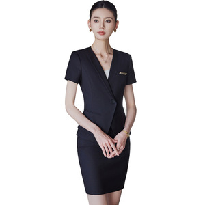 Women's Summer Suit Skirt Set Blue Short Sleeve Professional Workwear For Office Hotel Receptionist Uniform - Product Image 5