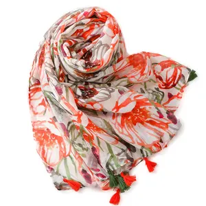 Nouveau style foulards en coton imprimé floral printemps mode viscose écharpe châles avec glands léger femmes imprimé écharpe