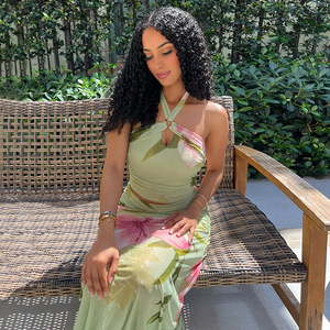 Conjunto de Vestido de Verano Fresco Estampado para <span class=keywords><strong>Mujer</strong></span>, Estilo Europeo y Americano, de Dos Piezas, con Cuello Cruzado y Espalda Descubierta, a la Moda, para Ocio y Playa - Product Image 3