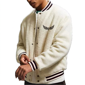 <b>Men's</b> <b>White</b> Fleece Varsity <b>Jacket</b> Embroidered Front Mandarin Collar Casual Winter Baseball Quick Dry Eco-Friendly Breathable - Product Image 1