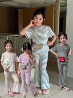 Setelan Bergaris Anak Perempuan Musim Semi/Panas Gaya Baru Korea Pakaian Rumah Kasual Set Dua Potong Celana Lebar Piyama Modis Anak-anak