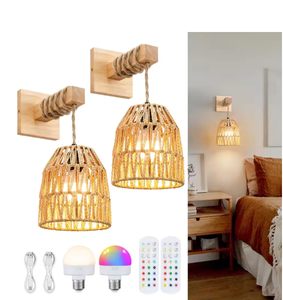 Lámpara de pared a pilas con control remoto, estilo boho, de ratán, recargable, para sala de estar y dormitorio. - Product Image 1