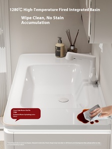 Mueble de baño de roble moderno, placa de <span class=keywords><strong>roca</strong></span> doblada en caliente, lavabo de cerámica integrado, mesa de lavabo de viento en crema, diseño personalizable - Product Image 3