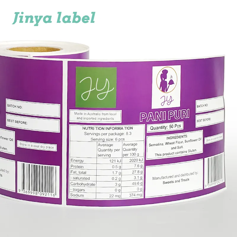 Autocollants d'étiquette d'emballage alimentaire imprimés en vinyle imperméable personnalisés autocollants découpés avec logo