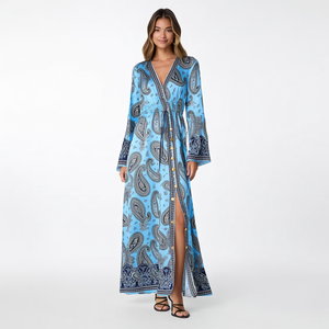 <span class=keywords><strong>Vestido</strong></span> Maxi Largo Bohemio para Mujer <span class=keywords><strong>con</strong></span> Estampado Paisley Personalizado, <span class=keywords><strong>Azul</strong></span> <span class=keywords><strong>Cielo</strong></span>, Cuello en V, Manga Campana, Cintura <span class=keywords><strong>con</strong></span> Cordón y Abertura Alta - Product Image 6