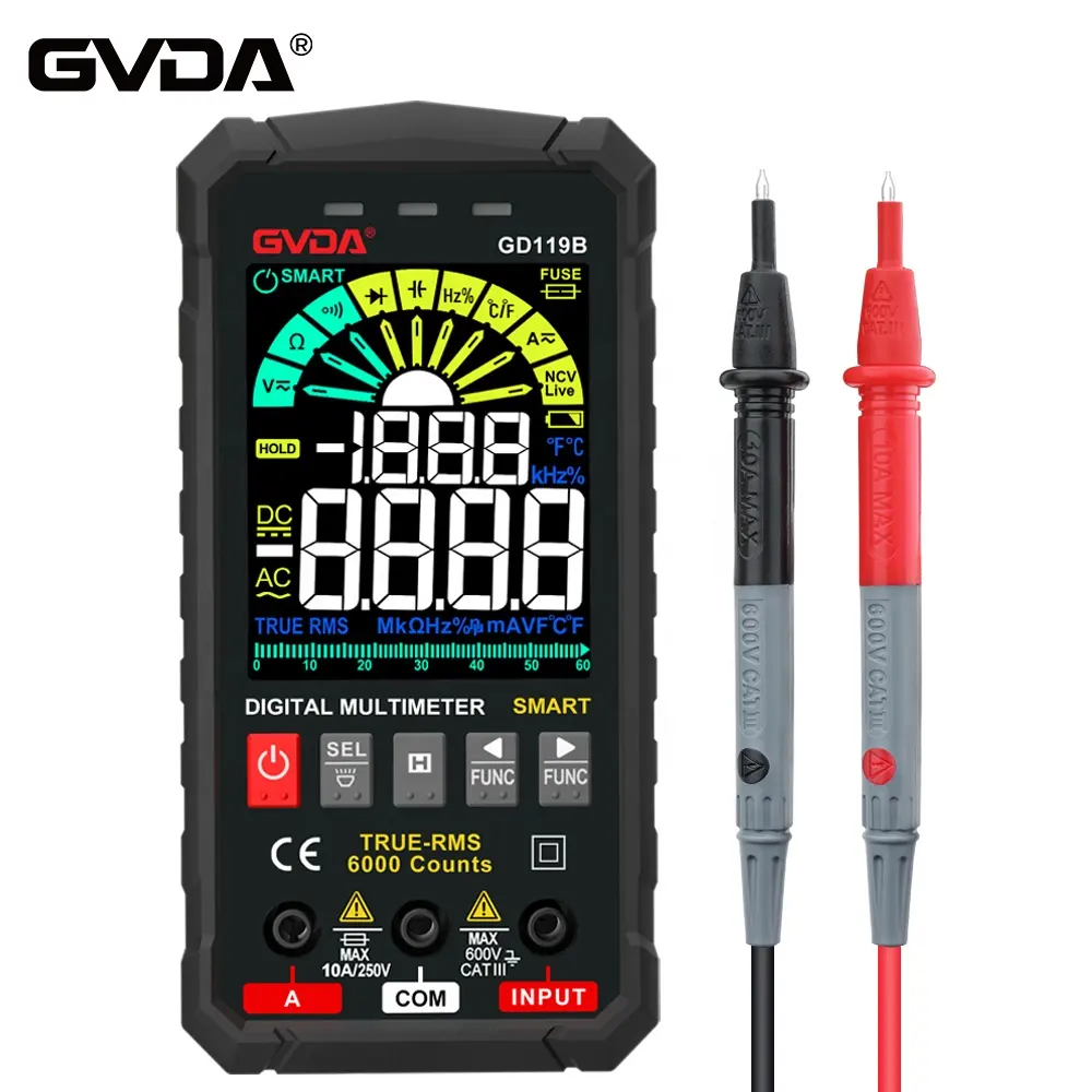 GVDA New Digital Multimeter True RMS Auto Range AC DC NCV Color LCD Smart Multimetro Test Ohm Capacitance Hz Temp Voltage Meter