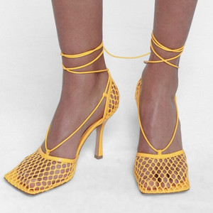 Chaussures à talons hauts pour femmes, style occidental, en maille respirante, à lacets, bout pointu, mode été 2021, sandales habillées - Product Image 1