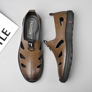 Men's Soft Leather Casual Hollow-Out <b>Clogs</b> Breathable Rubber Outsole Low Heel Boat Shoes - Product Image 1