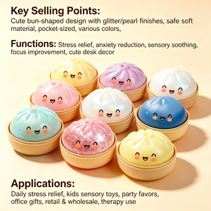 ลูกบอลบีบแก้เครียดรูปซาลาเปาเนื้อนุ่ม กลิตเตอร์วิบวับ พกพาสะดวก ของเล่นเสริมประสาทสัมผัส สำหรับบรรเทาความวิตกกังวลในออฟฟิศหรือห้องเรียน - Product Image 4