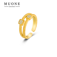 Bague en argent sterling 925 brossé avec un design géométrique à double couche tendance incrusté de zircon, plaqué or rhodié pour fête de mariage