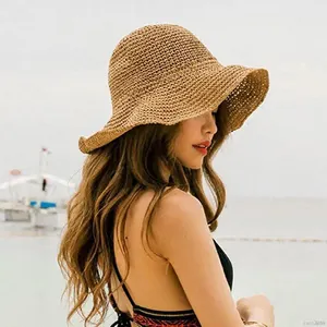 Women Soft Straw Hat Wide Brim Beach Sun Cap Wholesale Foldable Lady Floppy Paper Braided Travel Decoration Vacation Summer Hats