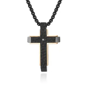 Custom Wholesale Male Black 18K Gold Plated Stainless Steel Fancy Jewelry Inspired Mens Religions Cross Pendant Necklace