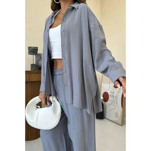 Ensemble deux pièces pour femme : chemise grise à rayures style Alice et pantalon ample taille XL, idéal pour le bureau en été/automne - Product Image 2