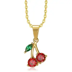 2024 New Fashion Cz Cherry Necklace Big Stone Design Gold Pendant For Women Gold Silver Red Cherry Charm Necklace Wholesale