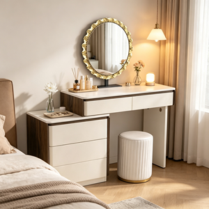 Coiffeuse moderne blanche avec miroir rond, meuble de rangement et tabouret pour chambre à coucher - Product Image 6