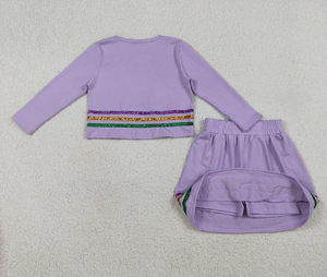 Ensemble de vêtements pour filles, haut à manches longues, jupe et short violets GLD1573, pour le Mardi Gras - Product Image 2