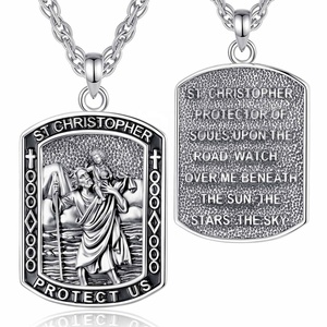 Pendentif rectangulaire Saint Christophe en cuivre plaqué argent lourd, émail noir, collier religieux de bénédiction pour homme - Product Image 1