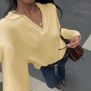 Custom <strong>Women's</strong> Chic Butter Yellow Lapel V <strong>Neck</strong> Knitted Sweater Long Sleeve Casual Loose Fit Pullover <strong>Jumper</strong> Polyester Knitwear - Product Image 1