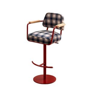 Taburete de bar giratorio ajustable con reposabrazos, estructura metálica y tapicería a cuadros para uso doméstico y comercial - Product Image 5