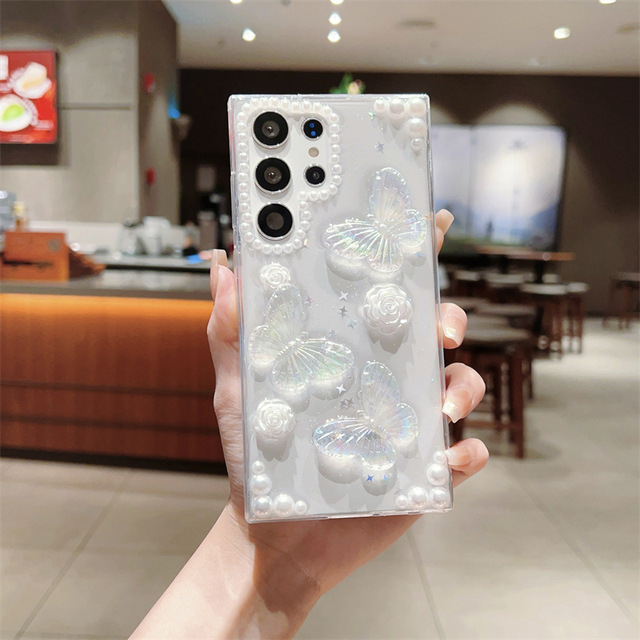 3D Epoxy Pearl Rose Butterfly Design Mobile Phone Cases for Samsung for Galaxy S24 S23 Plus S22 Ultra A55 5G A15 A54 A16
