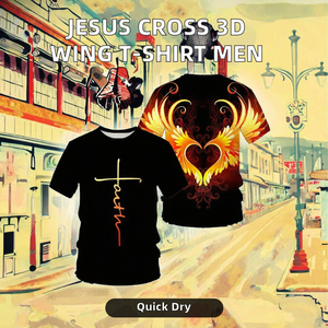 Camiseta de algodón 100% con estampado de cruz de Jesús para hombre, divertida, con alas en 3D, manga corta, cuello redondo, corte regular, informal. - Product Image 2
