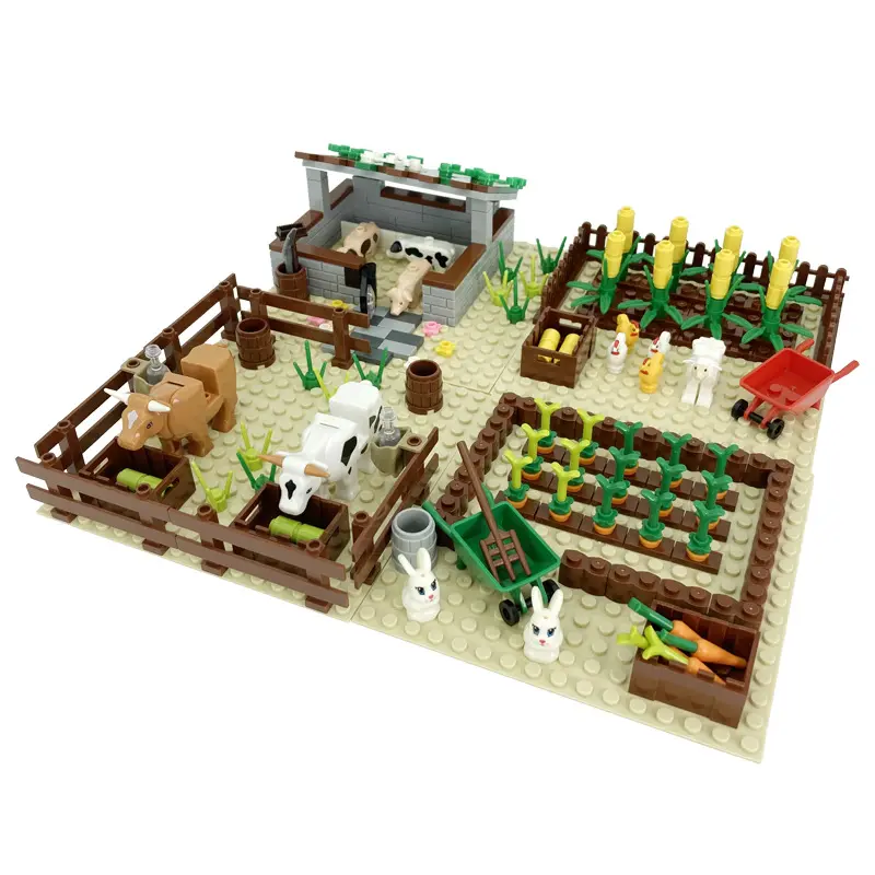 2023 MOC Blocks Happy Farm Happy Zoo Animal Rabbit Sheep Cow Pig Chicken Carrot Corn Building Block Action Figures Kids Toys