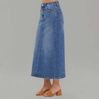 Rok Denim Midi Pensil Kasual Elegan Wanita, Rok Jeans Panjang Berpinggang Tinggi