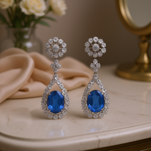 Classic Blue Sapphire Drop Earrings With Round Brilliant Cut <b>Crystal</b> Pave Setting For Women Wedding Jewelry - Product Image 2