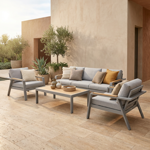 Ensemble <span class=keywords><strong>de</strong></span> <span class=keywords><strong>salon</strong></span> <span class=keywords><strong>de</strong></span> <span class=keywords><strong>jardin</strong></span> minimaliste <span class=keywords><strong>de</strong></span> luxe avec structure en <span class=keywords><strong>aluminium</strong></span> antirouille et table <span class=keywords><strong>effet</strong></span> <span class=keywords><strong>bois</strong></span> pour une utilisation en toute saison dans les complexes hôteliers - Product Image 1