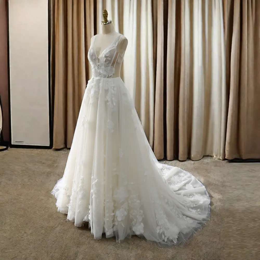 فستان زفاف بتصميم جديد 2023 برقبة على شكل حرف V دانتيل ثلاثي الأبعاد بتصميم بسيط من مورد zhongshan