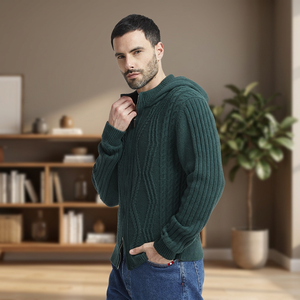 Hooded O-Neck Lausannes Braids Zip Winter Knitted Sweater Long Sleeves Cashmere and Merino <b>Wool</b> Made in Italy for Men - Product Image 2